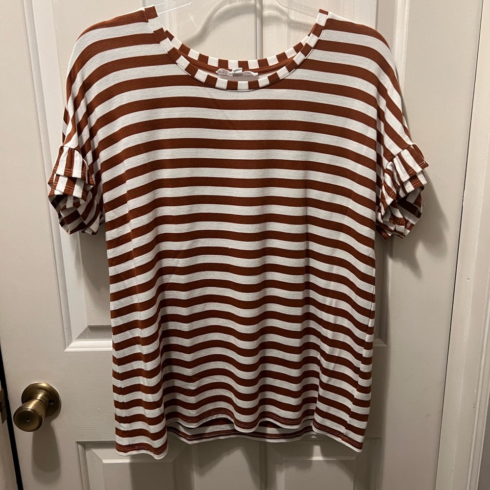 Striped Brown and White Ruffle Sleeve Top - Jane + Delancey